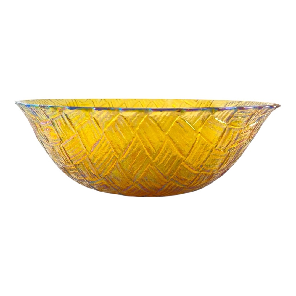 Vintage Indiana Glass Weavetex Basketweave Bowl Marigold Carnival Glass MCM 9”